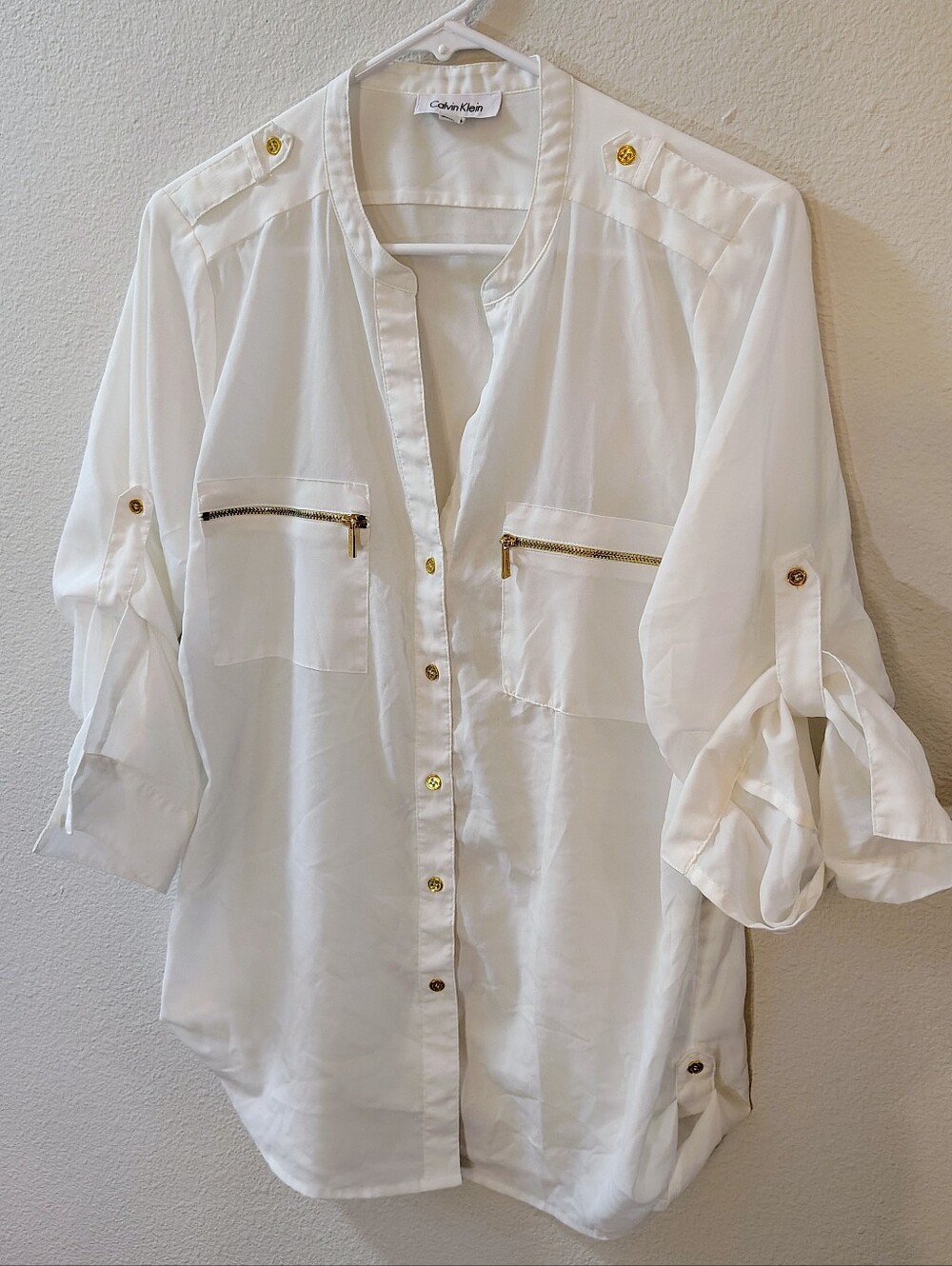 Sexy Sheer White Calvin Klein Essential Roll-Tab Blouse ~ Size Medium ~ Unworn